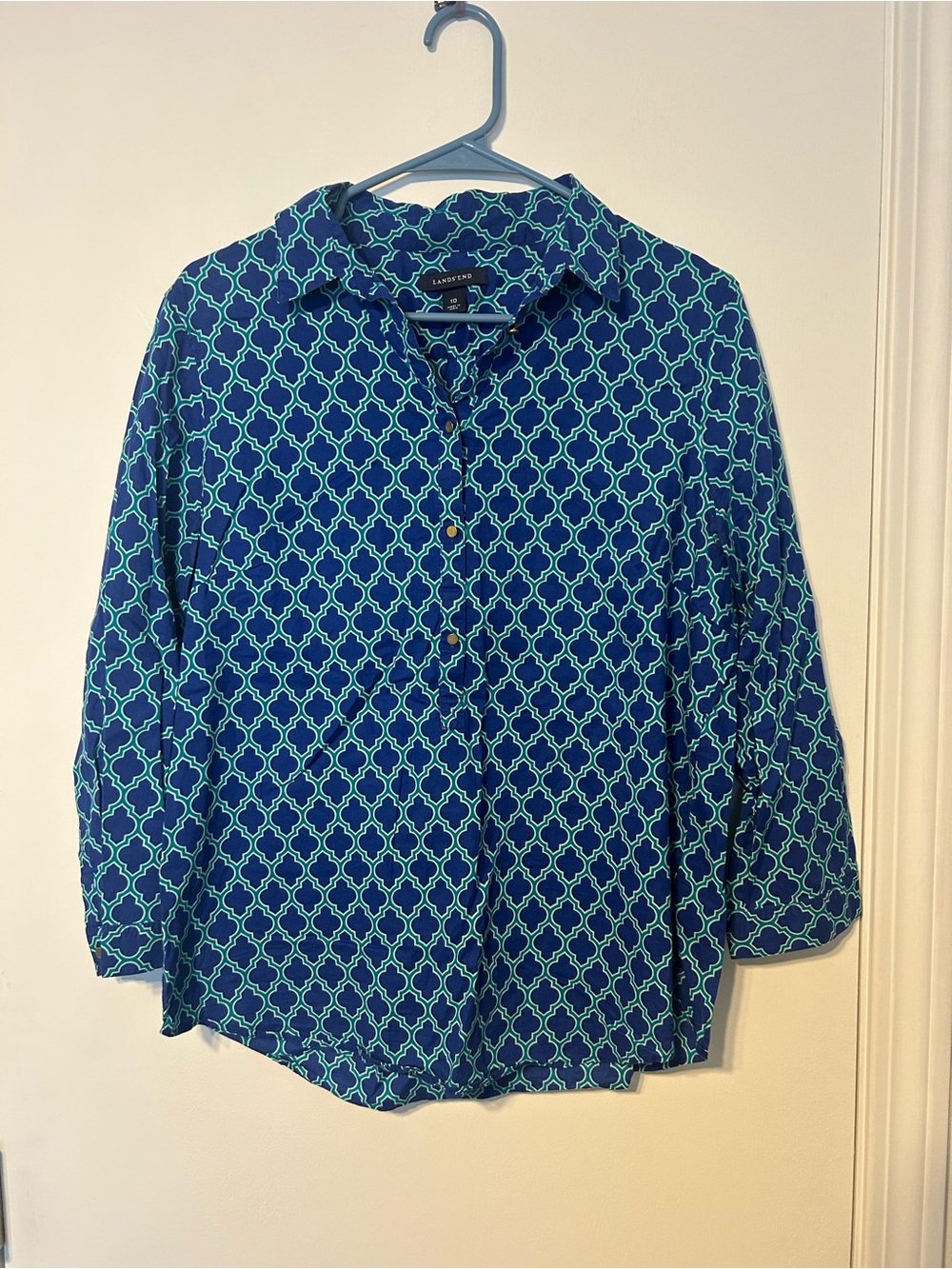 Lands' End Blue and Teal Geometric Button-Up Shirt